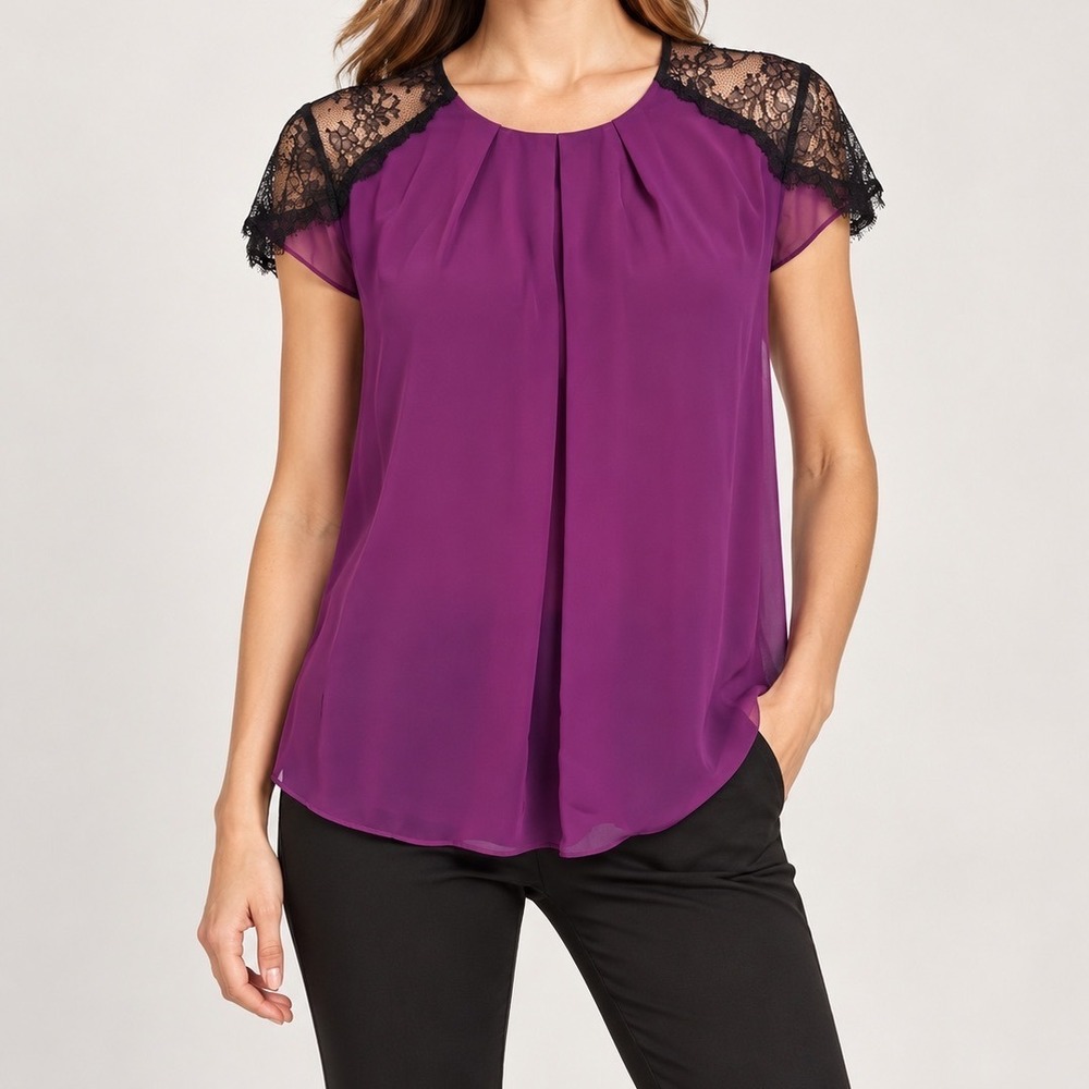 Alice + Olivia Purple Silk Lace Trim Pleated Blouse Top Small